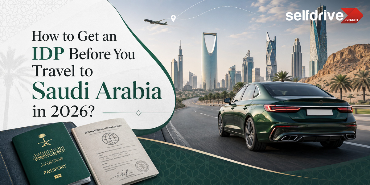 Collage showing a Saudi passport and international driving permit next to text "How to Get an IDP Before You Travel to Saudi Arabia in 2026?" with a green car driving on a road in front of a modern cityscape and airplane flying overhead.